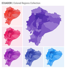 Ecuador map collection. Country shape with colored regions. Deep Purple, Red, Pink, Purple, Indigo, Blue color palettes. Border of Ecuador with provinces for your infographic. Vector illustration.