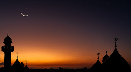 Silhouette dome Mosques on dusk sky twilight with Crescent moon, Religion of Islamic well space for...