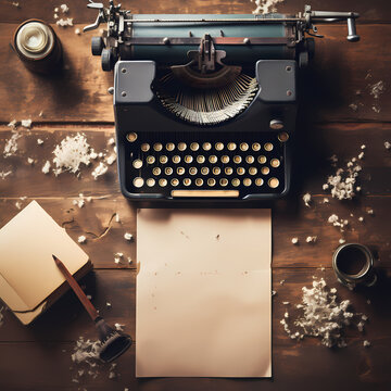 Vintage typewriter on a wooden desk with paper scattered around