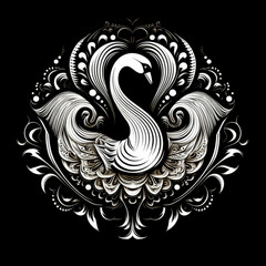 Swan Mandala Style Illustration, black and white