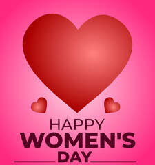 3D Red Heart in the Center of Gradient . Flanked by Smaller Hearts. Happy Womens Day Text Below. Happy poster, heart, womans day vector illustration.
