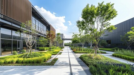 Fototapeta na wymiar Landscaped green spaces around the factory enhance its exterior and support biodiversity in industrial zones.