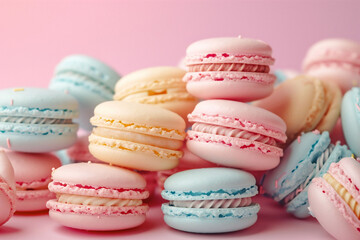 Fototapeta premium A collection of pastel colored macarons arranged haphazardly, illustrating variety and abundance on pastel blue background with copy space.. Ideal for bakery advertising and culinary arts