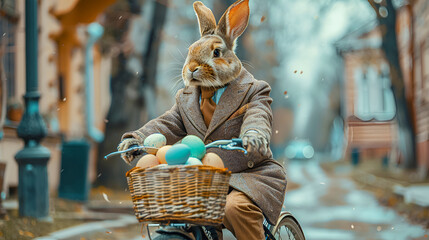 The illustration shows an Easter bunny in vintage clothes, who moves around the city on a bicycle, while holding a basket of eggs for Easter. - obrazy, fototapety, plakaty