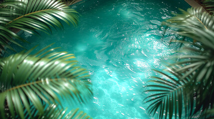 Fototapeta na wymiar Swimming pool with palm trees and blue water. Top view.