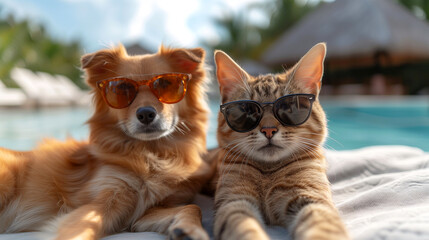 Cute cat and dog in sunglasses on beach, closeup view