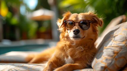 Portrait of a cute dog with sunglasses lying on the sunbed