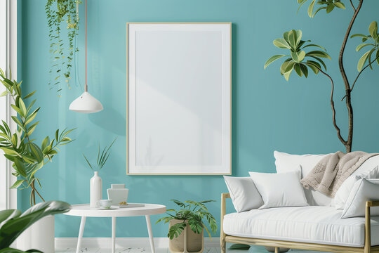 Fototapeta Frame Mockup, Picture frame template/mockup in an modern blue pastel colored living room. Photoframe Mock-up background.Modern interior design.