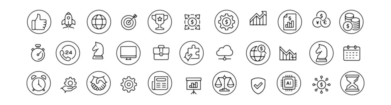 Business icon set suitable for info graphics, websites and print media. Black and white flat line icons.