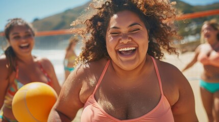 A radiant, chubby woman engaging in a lively game of beach volleyball with friends
