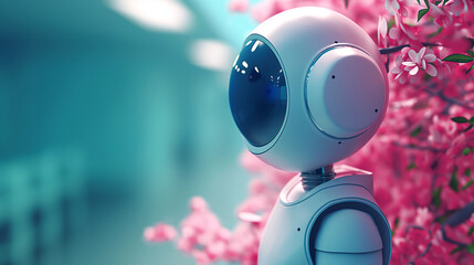 Naklejka na ściany i meble Robotic Head and Cherry Blossoms: A Vision of AI and Nature