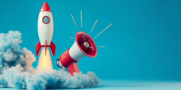 Rocket and megaphone on blue background, startup and marketing concept