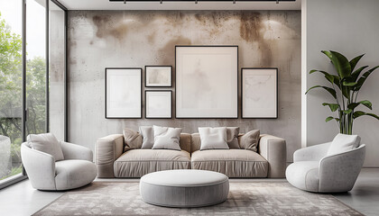 Light grey Interior Room Design: Comfortable Sofa couch with armchairs, pillows, framed empty pictures, with soft full wall window light. Real Estate, Modern home, renting homes, cozy house concept.