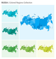 Russia map collection. Country shape with colored regions. Light Blue, Cyan, Teal, Green, Light Green, Lime color palettes. Border of Russia with provinces for your infographic. Vector illustration.