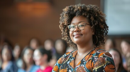In a public speaking event, a determined, chubby woman passionately promotes self-love, inspiring others to embrace their uniqueness - obrazy, fototapety, plakaty