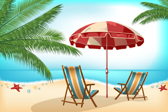Beach chairs on the white sand, red sun umbrella, palm leaves, blue water vector illustration. Tranquil beach scene. Summer vacation holiday concept. Chairs and umbrela under palms on the sea beach