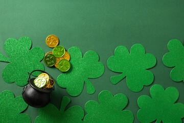 Banner St. Patrick's day black pot, treasure of leprechaun, pot full of coins on festive green...