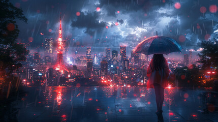 anime holding an umbrella in the city under some light rain and dark clouds