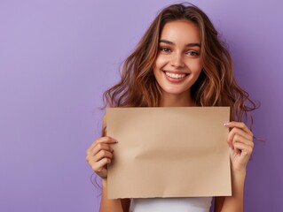 Fototapeta premium cute woman holding a blank paper sign with frame, photography, on red background, half body, happy mood, summer sets 