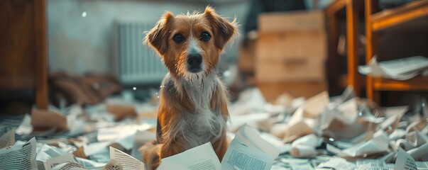 Troublesome Dog Sparks Mayhem in Cluttered Room by Shredding Papers. Concept Misbehaving Pets, Chaos at Home, Paper Shredding, Troublesome Dog - obrazy, fototapety, plakaty