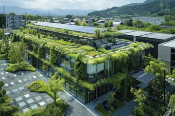 A modern eco-friendly factory showcases sustainable practices with green roofs and solar panels. - obrazy, fototapety, plakaty