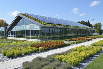 Eco-friendly factory showcases sustainable practices with green roofs and solar panels, symbolizing modern manufacturing.