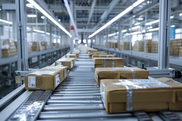 Fototapeta premium High-speed automation in packaging guarantees efficient product labeling and shipping preparation.