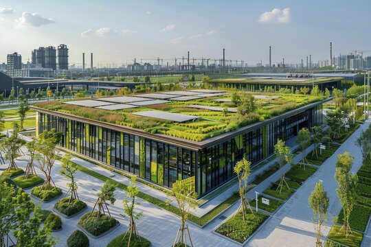 An eco-friendly factory, showcasing green roofs and solar panels, exemplifies sustainable practices in modern manufacturing.