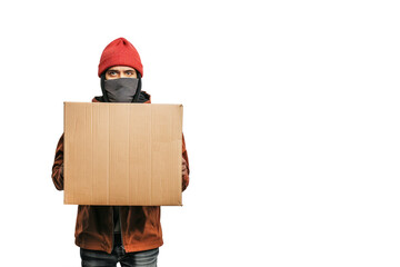 professionalism of a courier service holding a box without a label on a white background.