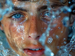 High-altitude Glacier Melt - An alpinist using the cold meltwater from a glacier to wash their face, invigorated by the purity of high-altitude water. 