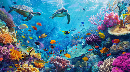 Fototapeta na wymiar coral reefs teeming with life, with colorful fish