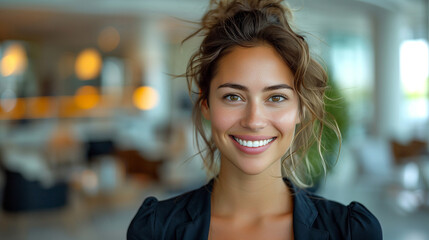 Smiling beautiful elegant businesswoman standing at lobby in a modern business office tower.