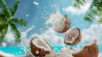 Obraz na płótnie Canvas Fresh coconut milk splash and palm leaves create a bright sky background. Cracked coconut nuts on milk splash with tropical exotic blue sky background for food sweets, spa cosmetics or cream packaging