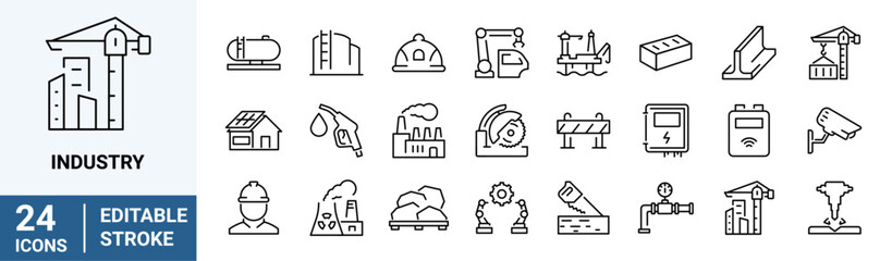Industry web icons in line style. Mass production, manipulator, factories, mine, collection. Vector illustration. Editable stroke