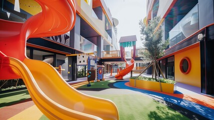 A whimsical outdoor play area, with colorful slides, climbing frames, and interactive features, bathed in sunlight. Pure childhood delight.