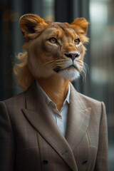 Lioness Avatar in a Business Suit. Playful photo portrait for a personal account.