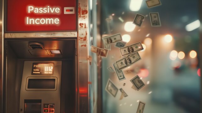 ATM machine with  " Passive Income " word  throwing out a bunch of money, generative Ai