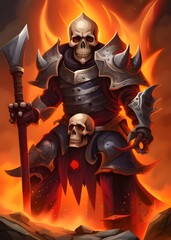 art cartoon skull with sword with fire