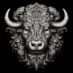 Buffalo Mandala Style Illustration, black and white