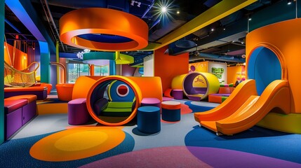 A vibrant kids' play haven, rainbow-hued structures against a clear sky, rubberized flooring, and joyful laughter echoing through.