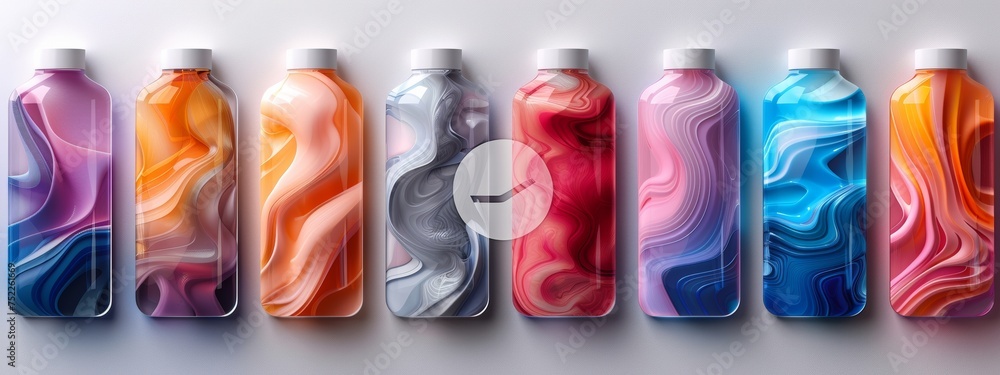 Poster row of different colored bottles