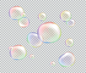 Realistic transparent soap bubbles with rainbow reflection. Isolated set composition.