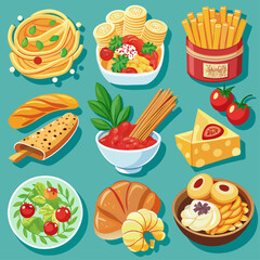 Italian food vector icons set. Pasta, croissant, bread, cheese, tomato, ham, baguette, cheese, olives