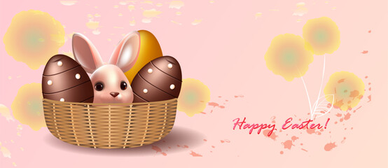 Cute bunny in a basket and chocolate eggs on delicate background