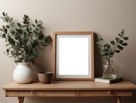 Empty wooden picture frame, poster mockup hanging on beige wall background