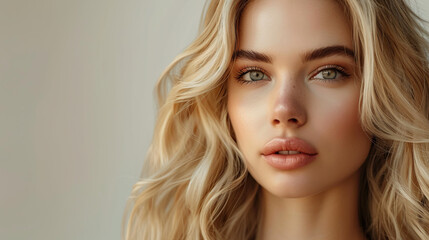 beautiful blonde woman with wavy long hair, healthy skin looks at the camera natural makeup of a young beautiful model on a studio background with copy space. cosmetic concept  generative ai