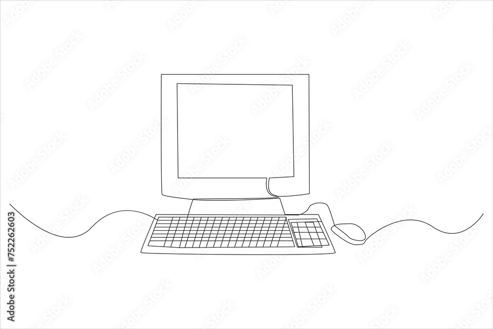 Poster computer continuous one line drawing. screen computers monitor keyboard and mouse. vector illustrati
