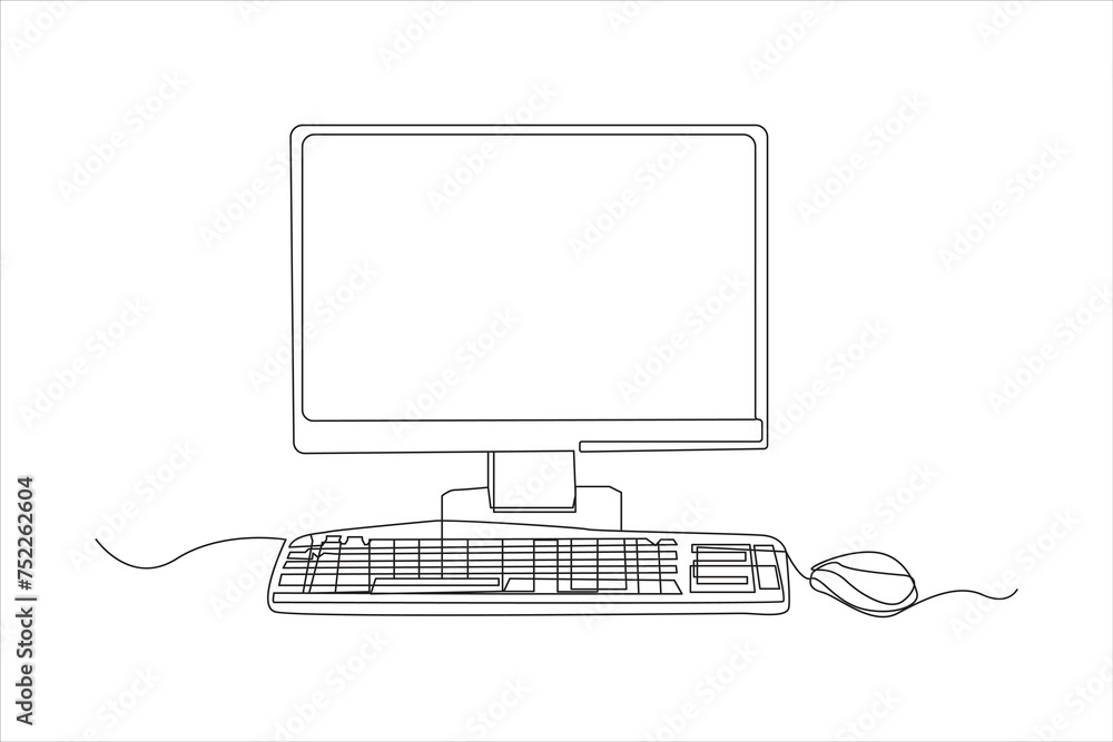 Poster computer continuous one line drawing. screen computers monitor keyboard and mouse. vector illustrati
