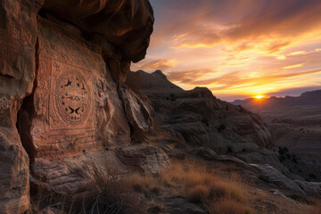 The zodiac signs artfully carved into the rugged cliffs, framed by the fading hues of the setting sun