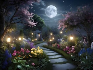 Obraz na płótnie Canvas background moonlit garden full of enthereal beauty